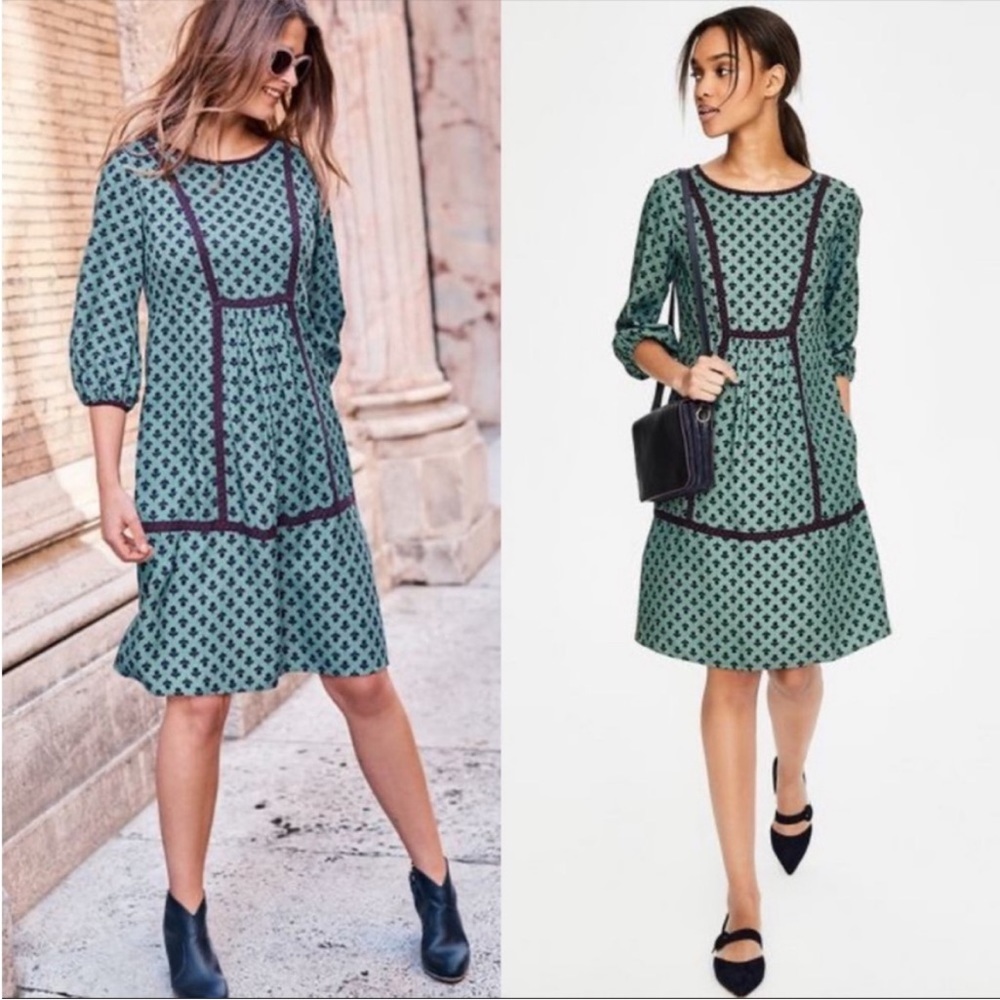 Boden Green Patterned Long Sleeve A-Line Dress with Black Trim